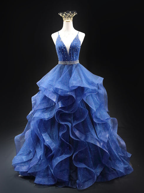 Gothic Navy Blue Layered Tulle Ruffle Dress - Sequin Ball Gown - Spaghetti Strap Wedding Dress Plus Size